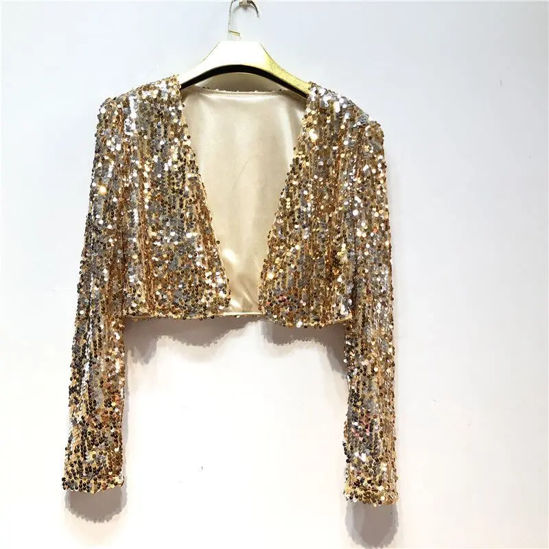 

Gold Silver Sequins Short Jacket Coat Women Singer Dancer Jazz Dance Costume Club Bar Concert Stage Performance Party Clothing