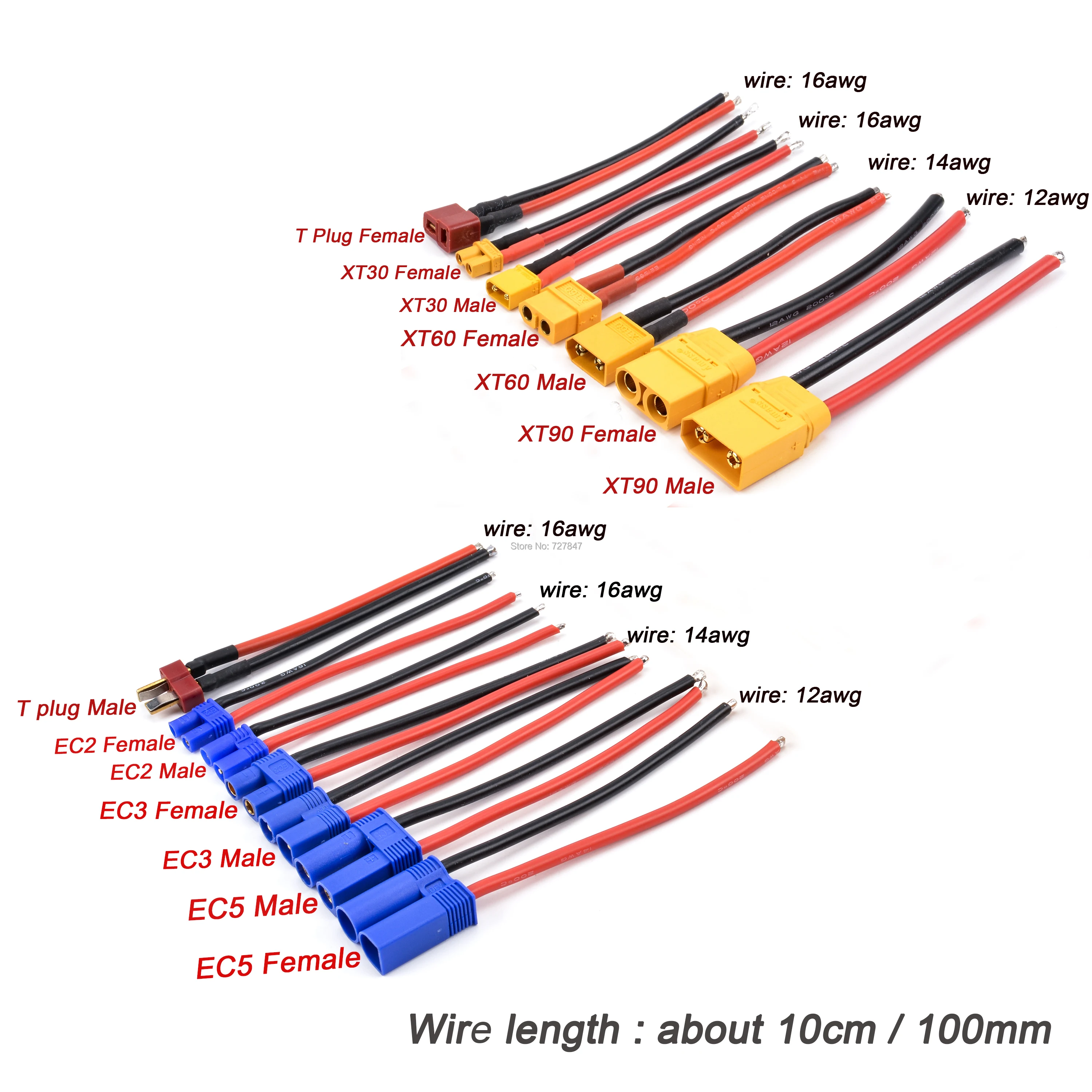 

XT90 XT60 XT30 EC5 EC3 T plug Connector Male / Female Connector plug Silicone Wire 12/14/16AWG RC Battery Cable 90mm/100mm