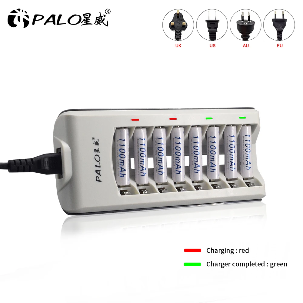 PALO AAA AA Battery Charger 8 Slots LED Indicator Light Smart Charger for 1.2v Ni-MH Ni-CD Rechargeable AA AAA Battery