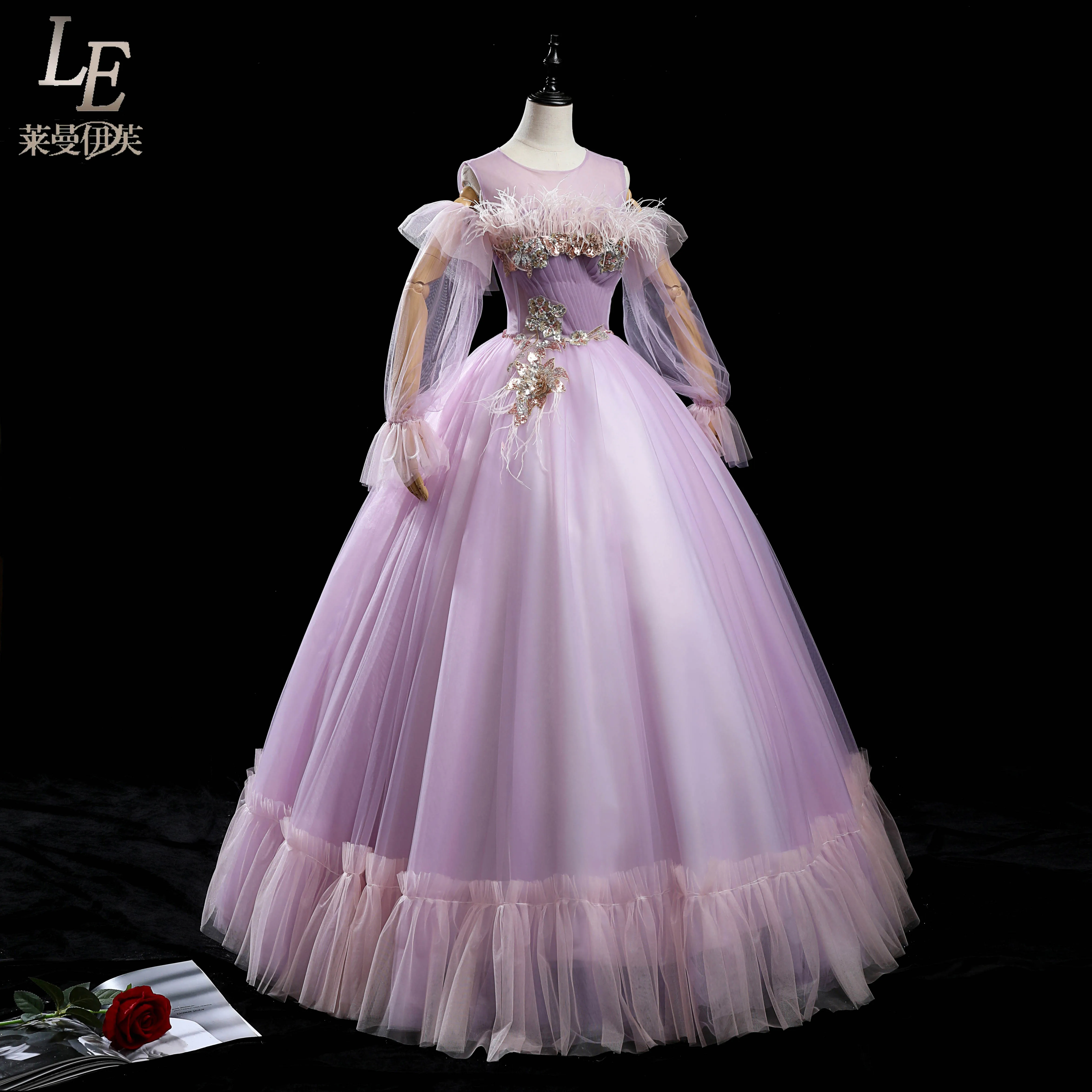 Luxury light lavender feather beading embroidery Medieval dress Renaissance royal princess queen Victoria ball gown