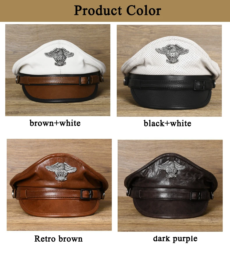 Distressed Retro German Military Caps For Men Male Genuine Leather Flat Top Hats European American Captain Locomotive Chapeau