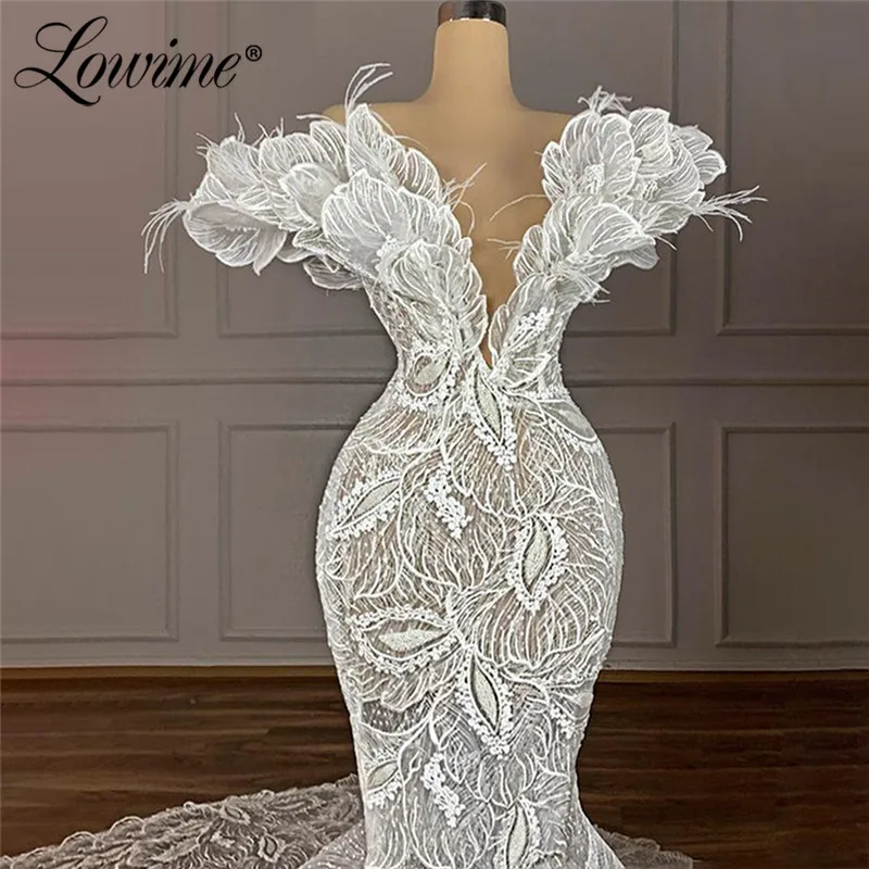 Vestido de noiva luxuoso estilo sereia, vestido de casamento com penas de renda muçulmano, para noiva, 2021