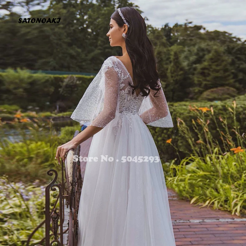 Vestido De Novia De media manga acampanada, Vestido De Novia bohemio De encaje, apliques De línea A, ilusión De tul, vestidos De Novia De playa, el más nuevo