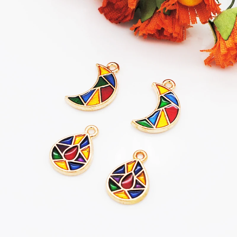 30pcs/lot New Arrival Splicing Colorful Mosaic Moon Water Drop Shape Enamel Alloy Jewelry Bracelet Earring Charms Accessories