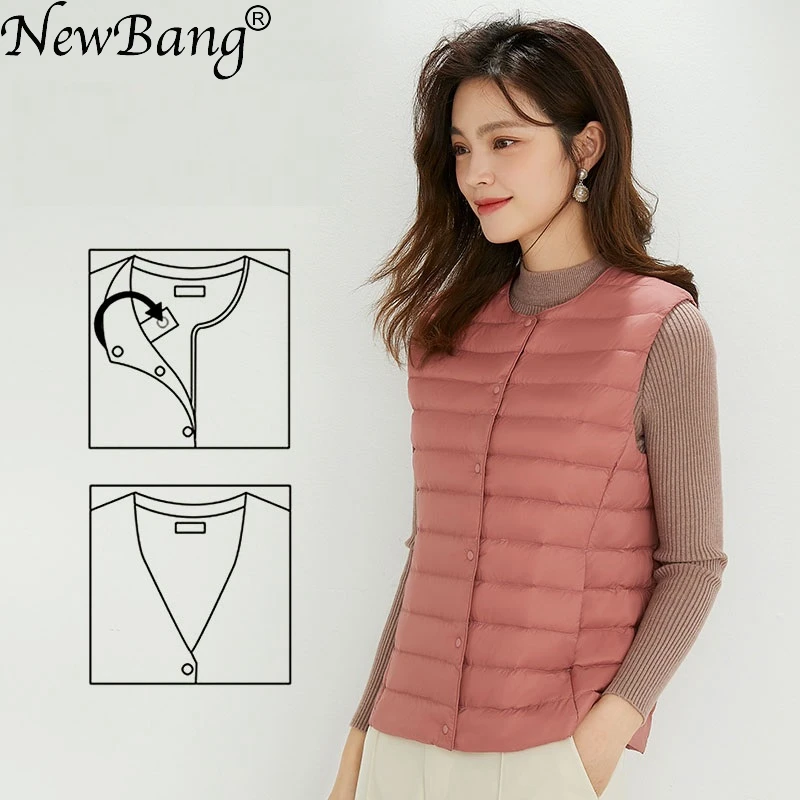 NewBang 90% chalecos cálidos de tela mate para mujer, chaleco ultraligero para mujer, chaleco de dos vías, forro de invierno cálido portátil sin mangas