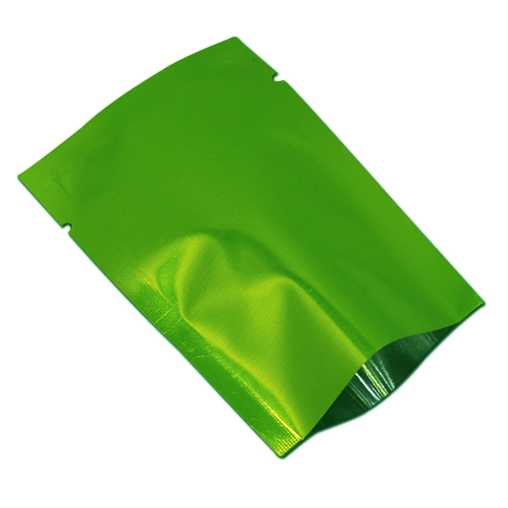 100Pcs Glossy Green Mylar Foil Open Top Bag Tear Notch Disposable Heat Vacuum Seal Food Ground Coffee Bean Storage Pack Pouches