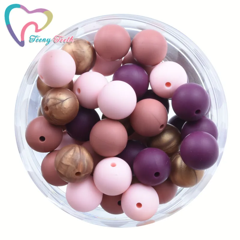 

20 PCS 4 Colors Mix Red Wine Candy Pink Copper 9-15 MM Silicone Round Teether Beads BPA Free Baby Teething Beads Baby Teether