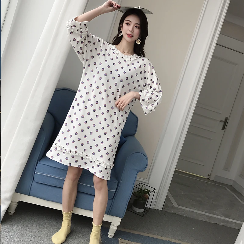 Sleepwear Nightgowns Pyjama Floral Print Spring Summer Cotton Night Dress Princess Style Loose Lounge Wear Fresh Color Female