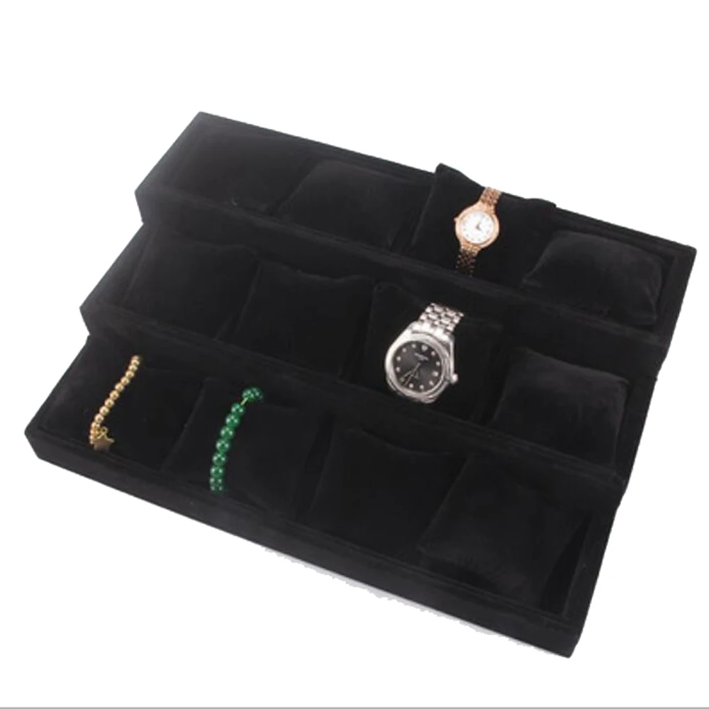 Velvet Stackable Jewelry Watch Store Display Showcase Holder Organizer Storage Trays with 12 Grids Pillow Tray