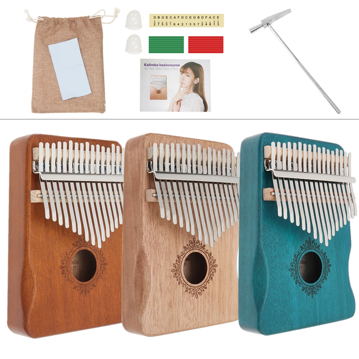 17 Keys Kalimba Thumb Piano Mahogany with Hand Guard Mbira Blue / Wood / Retro Optional for Beginner / Professional Performance