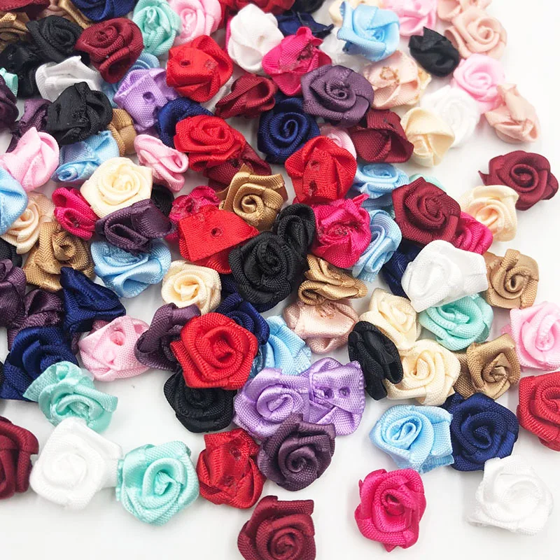 100pcs 15mm Ribbon Rose Flowers DIY Sewing Wedding Decoraions Crafts Supplies Lots Colors A040