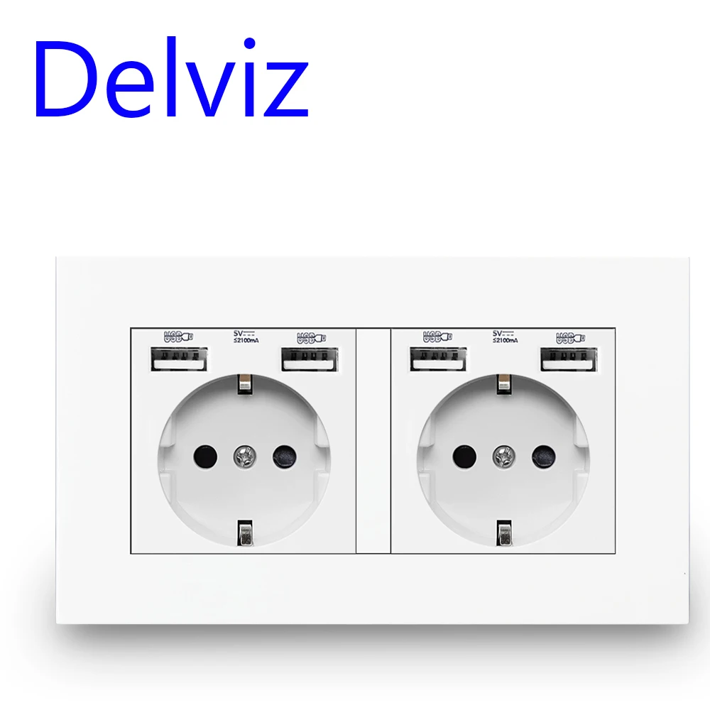 Delviz Standard UE Gniazdo USB, gniazdko elektryczne 16A, panel zasilania Cztery interfejsy USB Gniazdo niemieckiego typu, podwójna ramka ścienna 4 gniazda USB