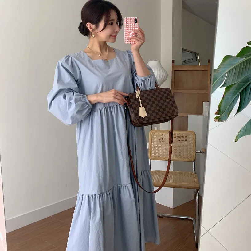 

2021 Korea French Elegant Square Collar Exposed Collarbone Loose Lantern Sleeve Y2K for Women Bodycon Dress