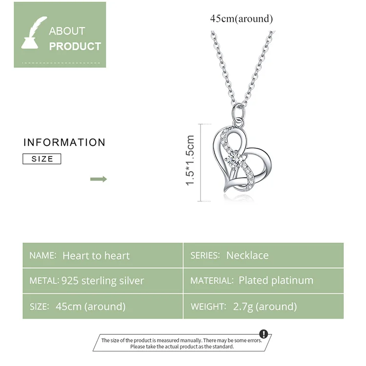 WOSTU 925 Sterling Silver Heart to Heart Necklace Dazzling CZ Long Chain Link Necklace For Women Fashion Jewelry CQN442