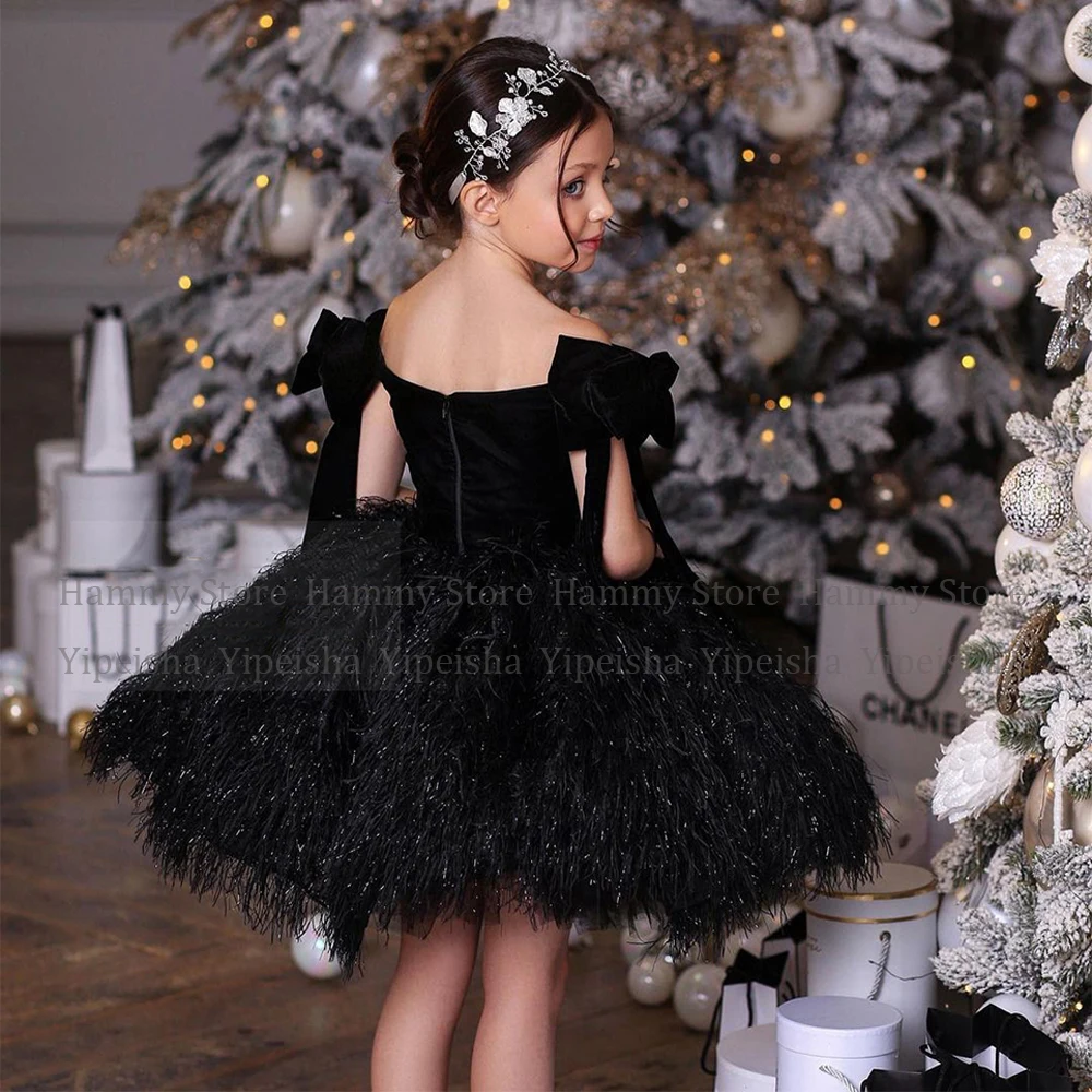 Yipeisha Feathers Flower Girl Dresses Black Ball Gown Birthday Party Dress for Girls Knee Length Puff Glitter Kids Pageant 