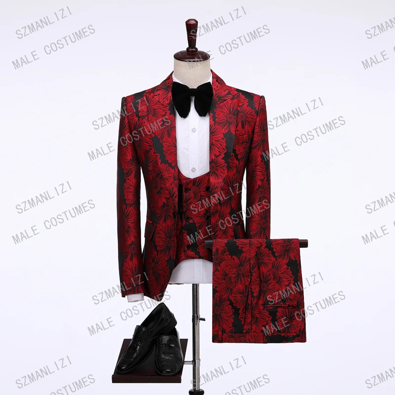 

Wedding Dress Costume Homme Mariage Real Photo Design Garnitury Black With Red Floral Elegant Formal Tuxedo 3 Piece Set Men Suit