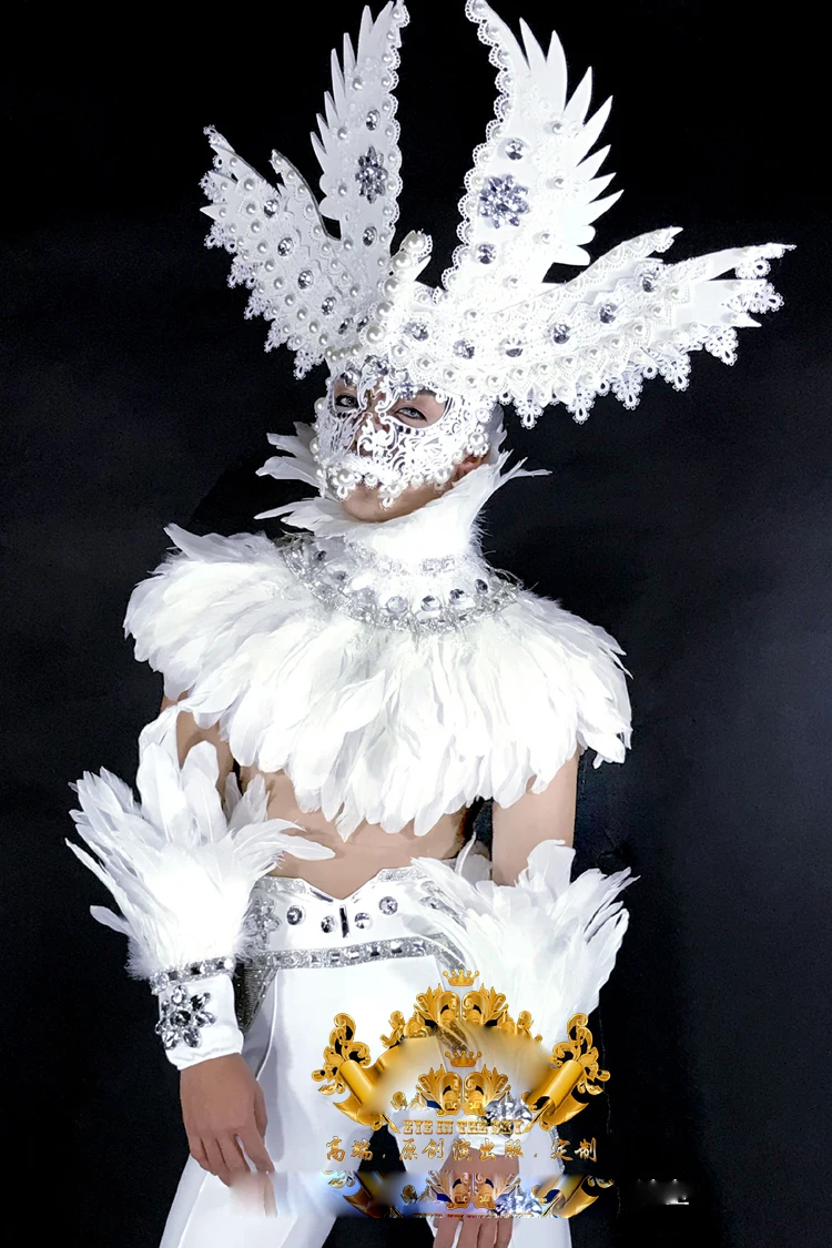 Eagle King Stage Show Costume Nightclub Men's DS White Feather Angel GOGO Dance Team Costumes Valentine's wear