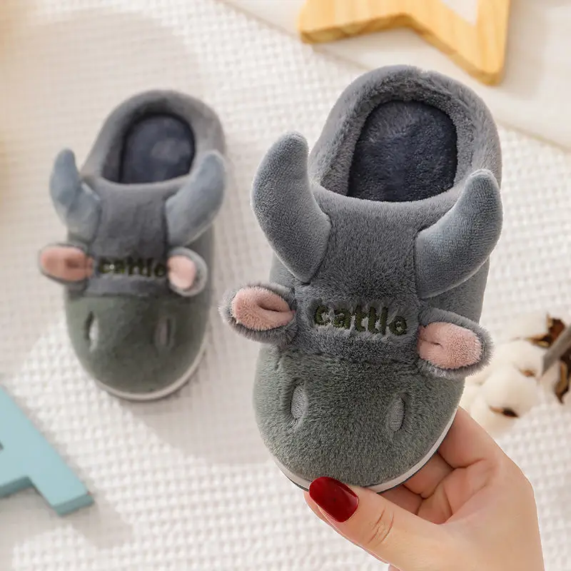 Leuke Hoorns Kinderen Katoen Slippers Herfst En Winter Cartoon Bont Slippers Baby Interieur Jongens En Meisjes Harige Slippers