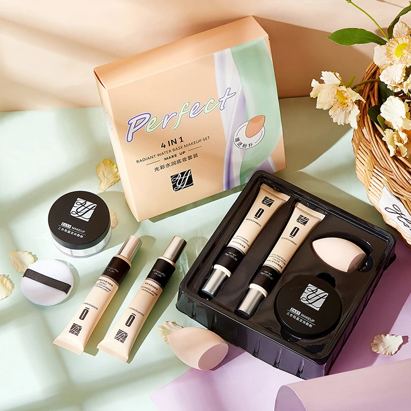 

4 In 1 BB Cream Foundation Cream for Face Makeup Concealer Cushion for Face Whitening Base Cream with Pressed Powder Set