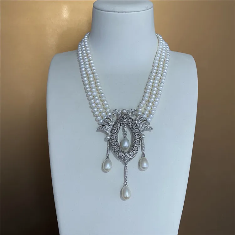 

19-20" 3 Rows Natural Cultured White Pearl CZ Pave Necklace