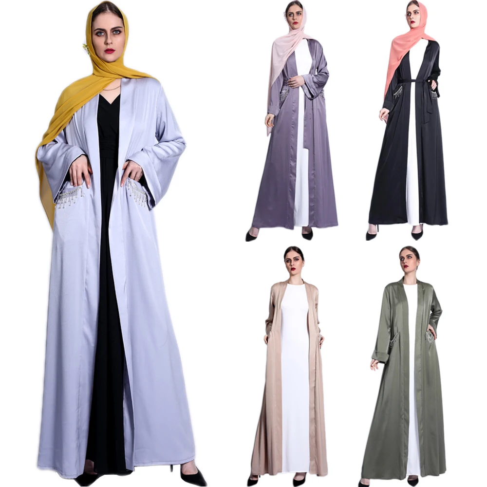 

Dubai Muslim Women Abaya Arabic Islamic Eid Ramadan Long Dress Kaftan Tassel Open Kimono Satin Turkish Middle East Cardigan Gown