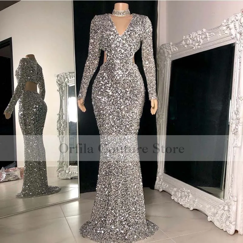 Silver Sequin ชุดราตรีเดรสแขนยาว Mermaid พรหมดูไบคำผู้หญิง2021 Vestidos De Fiesta ประกวด Gowns