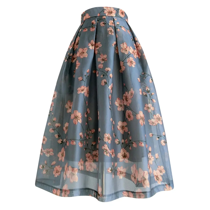 

2022 summer vintage floral Organza ball gown skirt women high waist printed knee length skirt