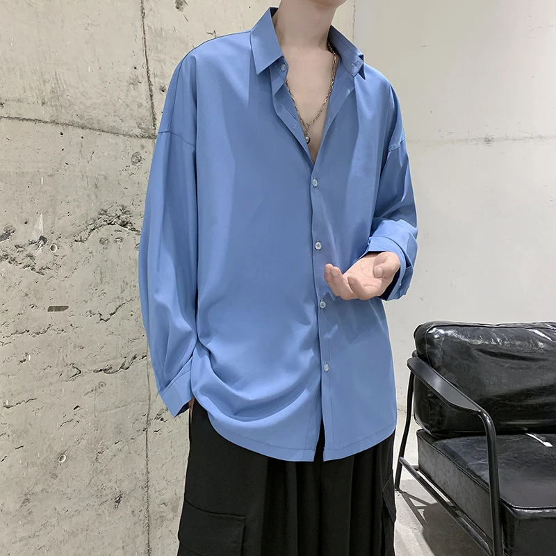 Blue Korean Fashion Loose Drape Shirts White Elegant Mens Work Shirts Large Sizes Stylish Streetwear Oversize Mens Clothing 2021