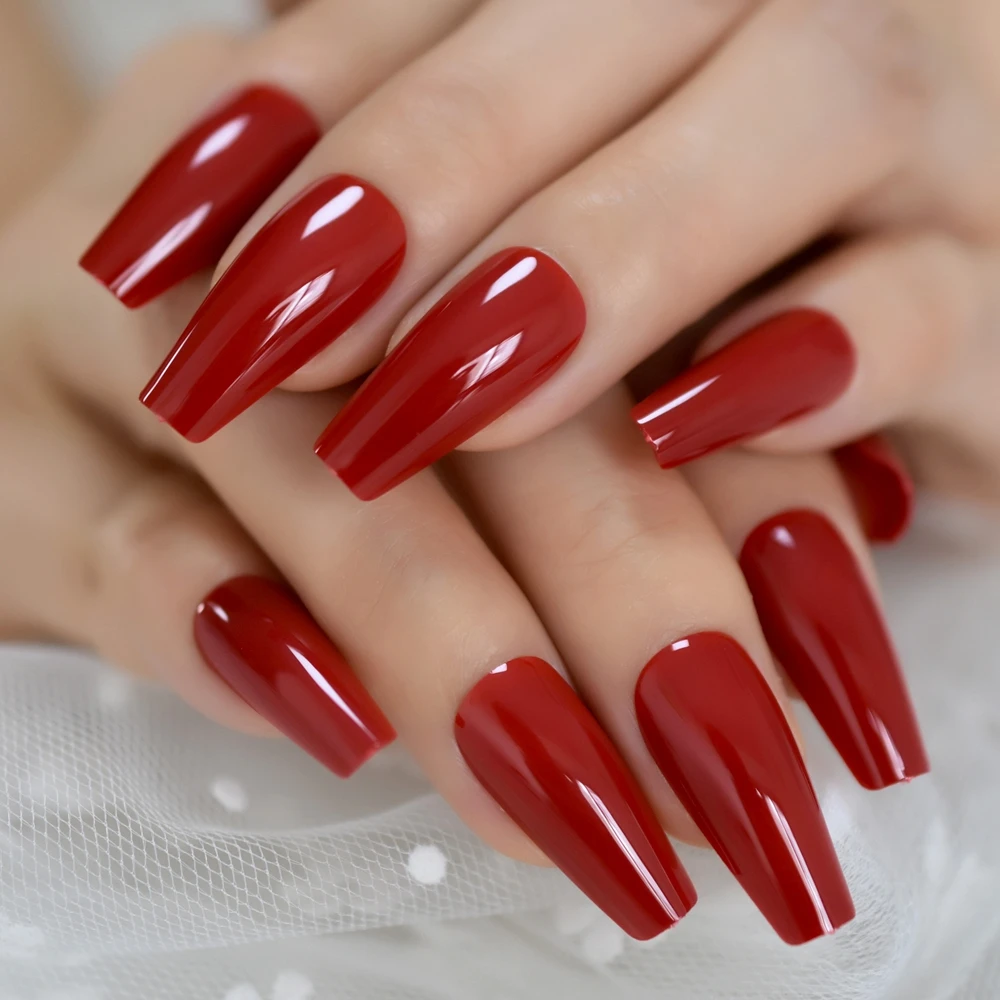 24pcs Gorgeous Long Ruby-red Press on False Nails Coffin Ballerina UV Fake Nails Fingersnails with Adhesive Tapes