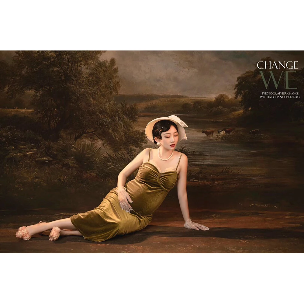 Fondo de fotografía de escena Rural, río, vaca, barco, oveja, retrato de niños y adultos, pintura al óleo antigua, gotas, fondo profesional para estudio