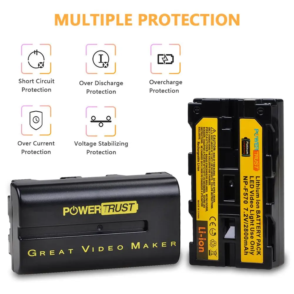PowerTrust 2800mAh NP-F550 NP-F570 Battery for Yongnuo Viltrox  LED Video Light YN300Air II YN300 III YN600 Air L132T L116T