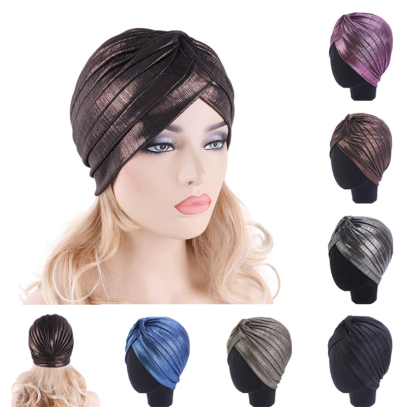 Women Metallic Pleated Turban Shiny Hijab Head Wrap Beanie Hat Muslim Chemo Cap Fashion Designs Solid Headwear Hair Accessories