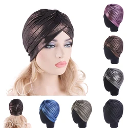 Women Metallic Pleated Turban Shiny Hijab Head Wrap Beanie Hat Muslim Chemo Cap Fashion Designs Solid Headwear Hair Accessories