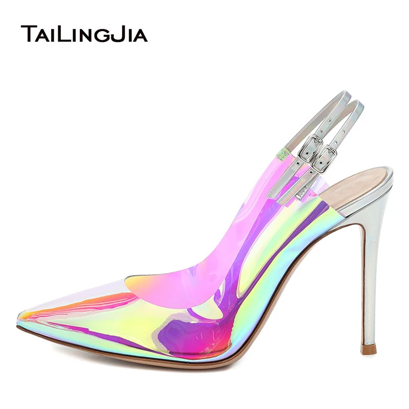 

Stiletto Heels High Heel Slingback Iridescent PVC Pumps Women Pointed Toe Heeled Slingbacks Ladies Silver Translucent PVC Shoes