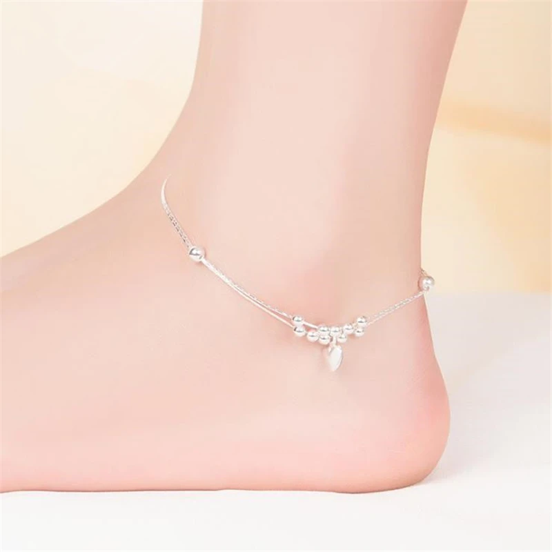 KOFSAC New Fashion Foot Jewelry 925 Sterling Silver Anklets For Women Double Layer Beads Heart Bracelets Girl Party Accessories