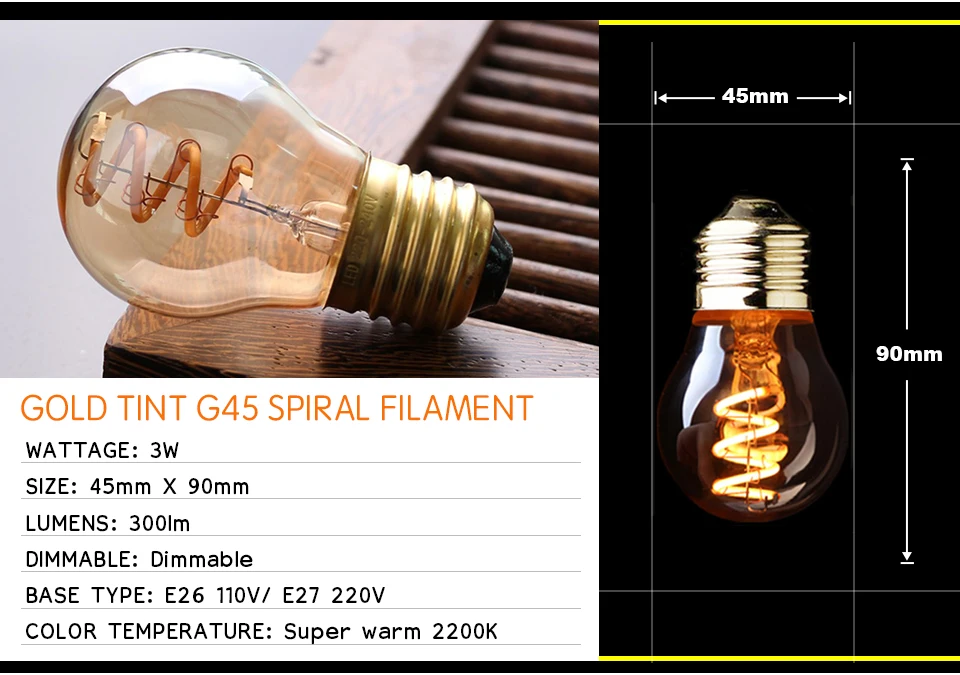 Retro dimmbare LED Edison Glühbirne E27 3W Gold Spiral-Filament ST64 G125 Ampoule LED Lampe Glühbirne Kronleuchter Dekorative Beleuchtung – Detail 2