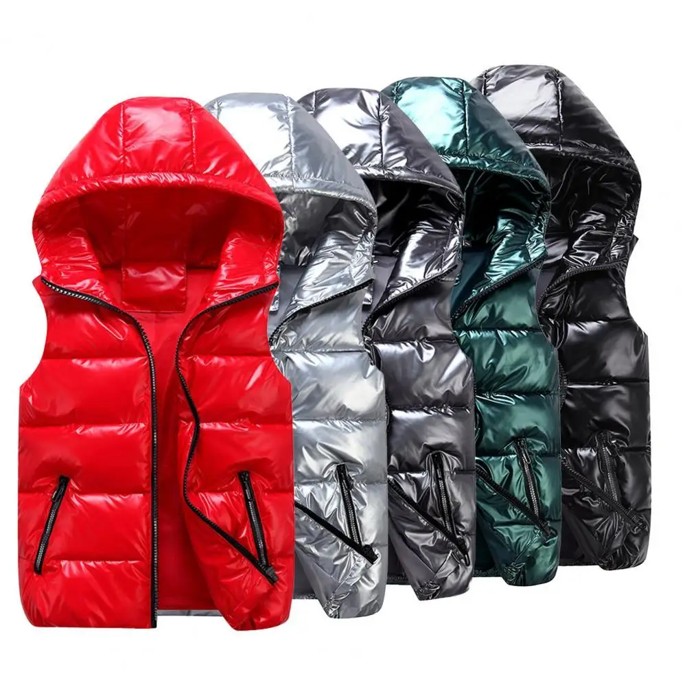 Women's Winter Sleeveless Solid Color Hooded Bread Jacket Shiny Warm Warm Elastic Hem Pocket Bright Color Quilted Vest Daily