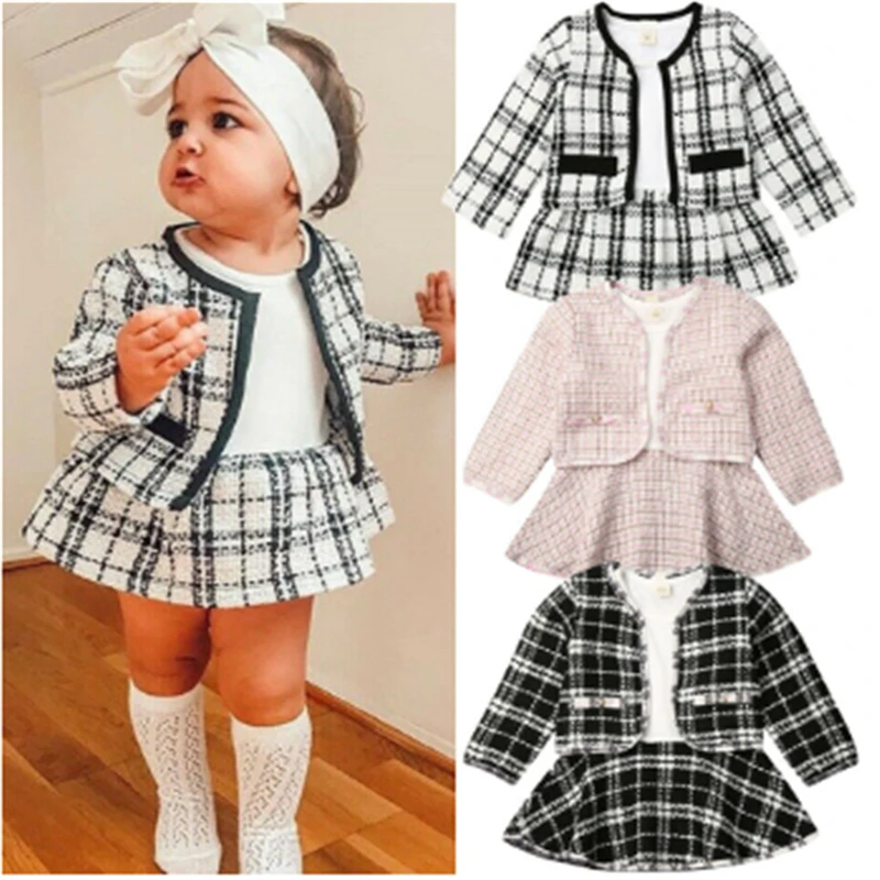 2PCS Autumn Winter Spring Party Baby Girls Clothes Plaid Coat Tops+Tutu Dress Formal Outfits Fit For 0-6 Years