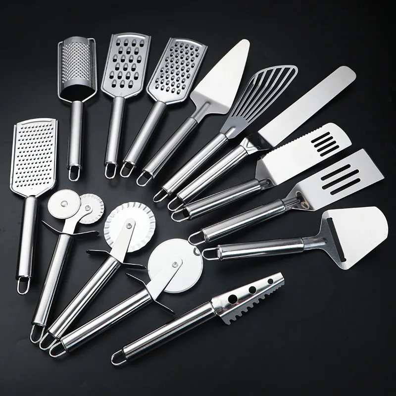 

Stainless Steel Kitchen Utensil Cooking Baking Pizza tool - Spoon, Grater, Garlic press, Cheese knife, Large Fork, Whisk