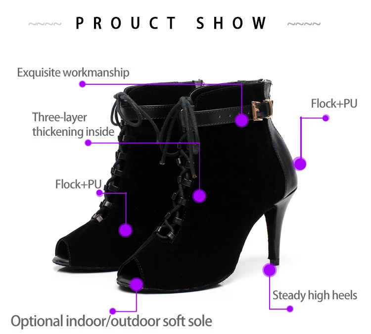 Fashion Salsa Jazz Outdoor Rubber Sole Practice Latin Dance Shoes for Dancing Women Dancers High Heels Flock Boots Black