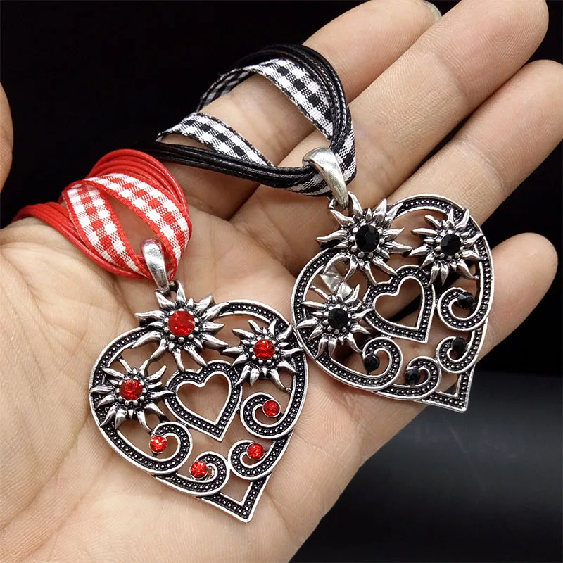 Fashion Vintage Heart Pendant Necklace Women Charm Ribbon Rope Choker Oktoberfest Edelweiss Statement Necklace Jewelry Wholesale