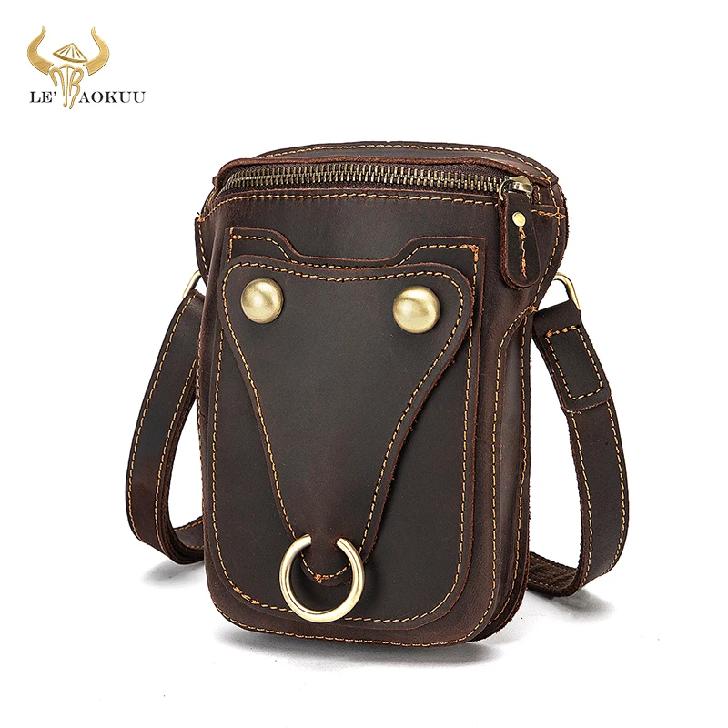 

Vintage Crazy Horse Leather Multi-function Hook Satchel Messenger Bag Cigarette Case 6" Phone Pouch Fanny Waist Belt Bag 2053