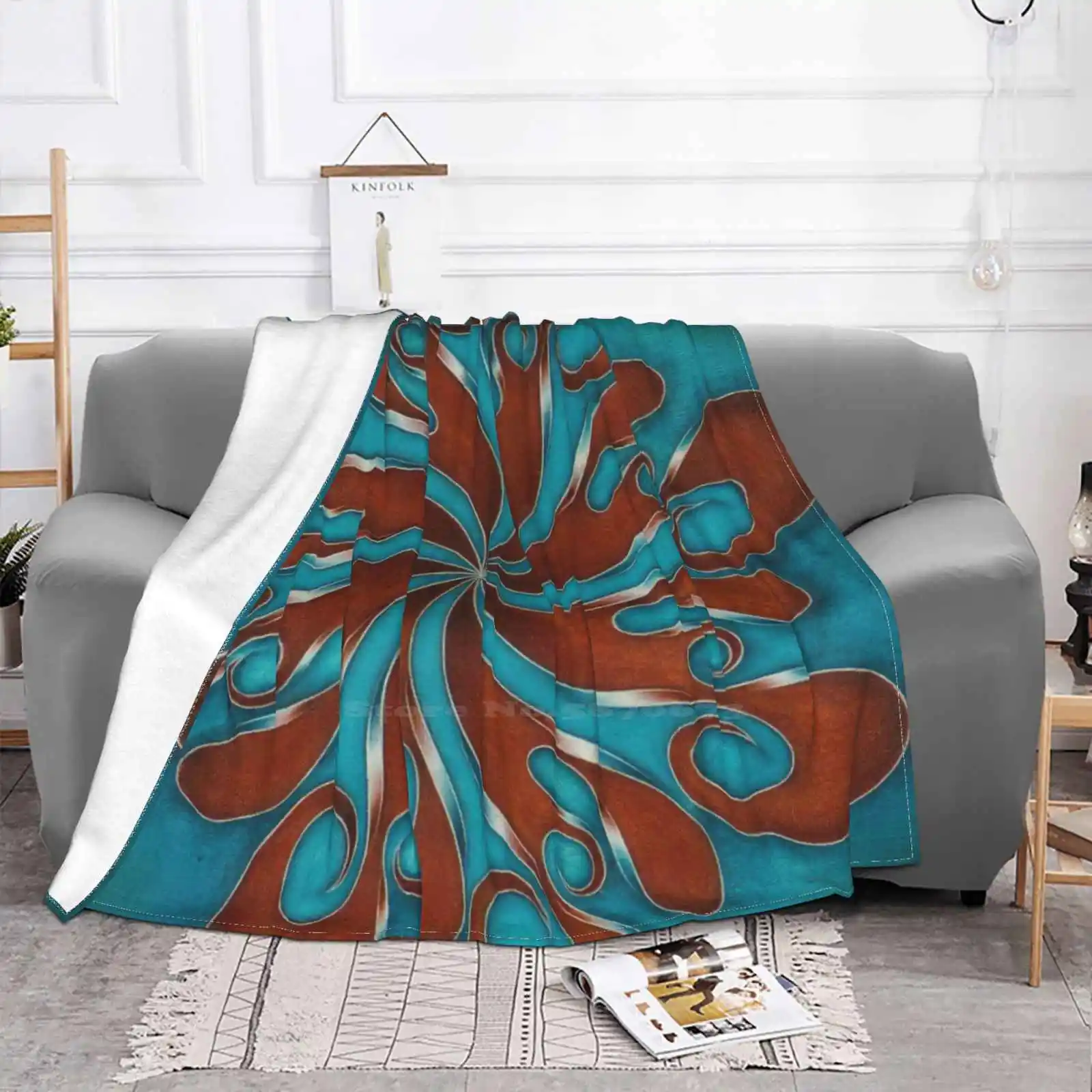 R No. 5 For Home Sofa Bed Camping Car Plane Travel Portable Blanket Turquoise Teal Lines Flowing Spiral Swirl Abstract Art Arty