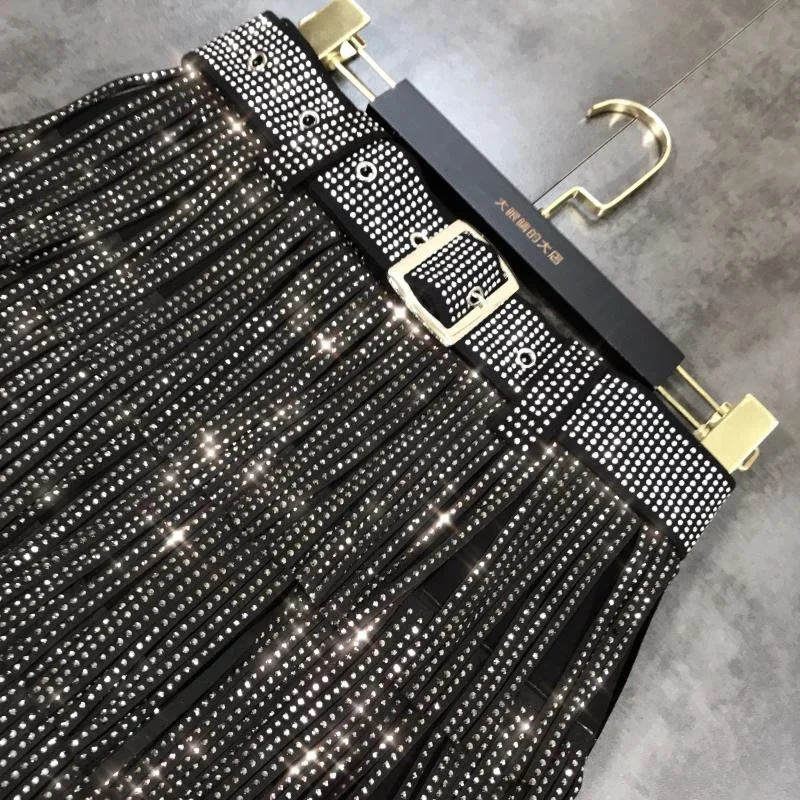 DEAT Women Black Rhinestones Tassel Belt Skirt New Arrivals High Waist Fashion Temperament Spring Summer 2024 11D7224