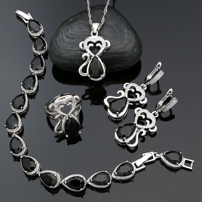 

Monkey Shape 925 Silver Jewelry Sets For Women Black Cubic Zirconia Earrings Pendant Ring Bracelet Necklace Set