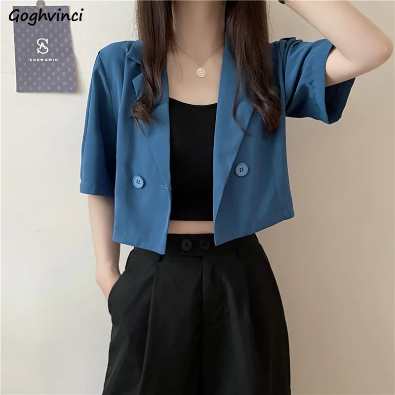 

Women Short Sleeve Blazers Loose Fashionable Summer Thin Outwear Double Breasted Notched Streetwear Cropped Tops Students Casual