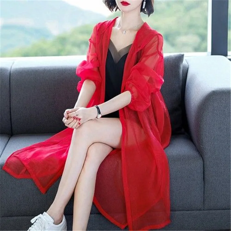 

Summer Thin Long Jacket Women Cardigan Hooded Sunscreen Coat Feminine Perspective Casual Beach Chiffon Shirt Ladies Tops Y709