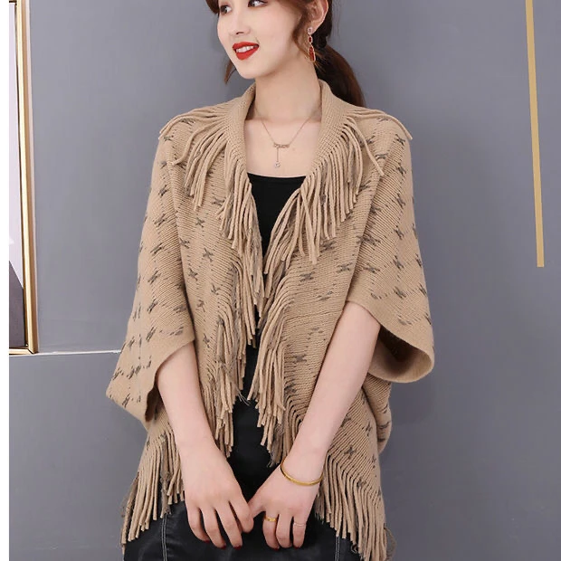 Spring Autumn Knitted Women's Shawl Summer Air Conditioning Room Shoulder Neck Cardigan Coat Lady Tassel Coat Beige