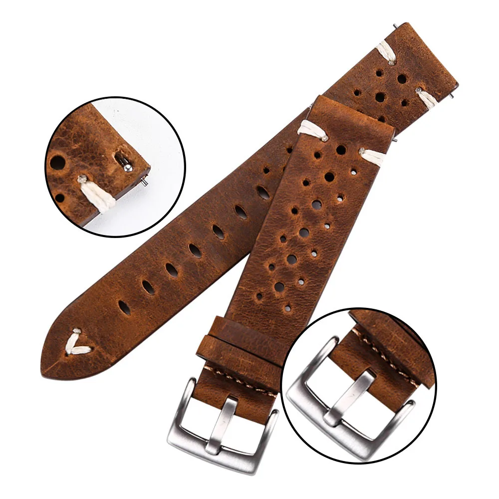 Genuine Leather Watch Band Strap Porous 18mm 20mm 22mm Dark Brown Handmade Oil Wax Leather Watch Strap Quick Release Women Men