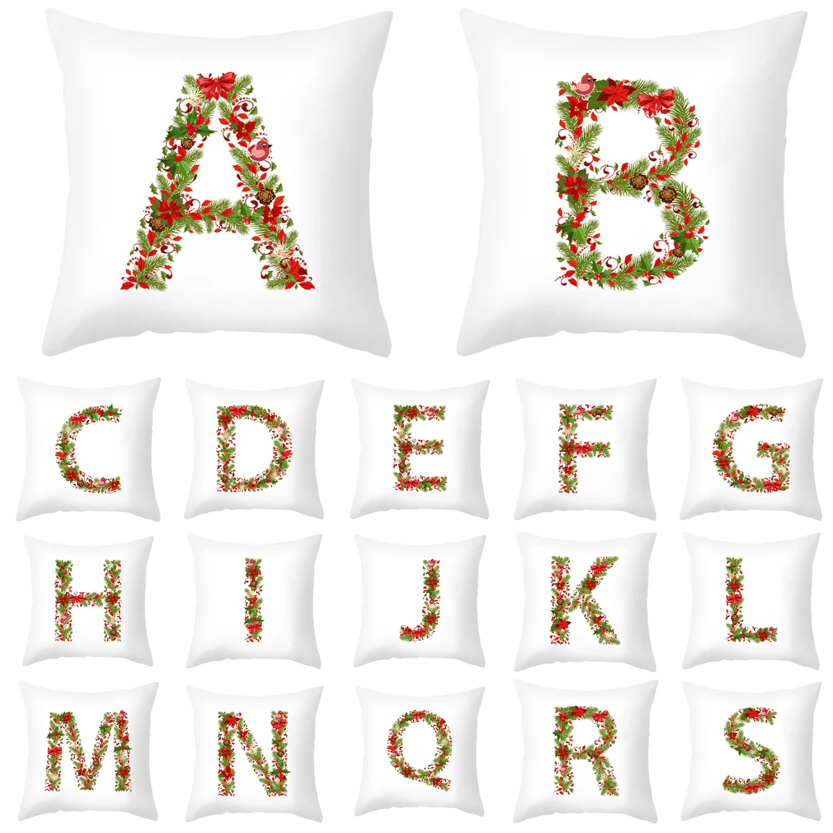 New Creative English Alphabet Floral Pillow Cover Flowers Green Leaves Print Sofa Cushion Cover Nordic Simple White Throw Pillow